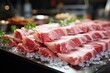 Meat processing plant. Slices of fresh bacon and mint slices on a conveyor belt in the workshop. Arrival of jamon or cold cuts. Production of pork or beef in a modern enterprise
