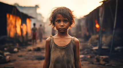 Wall Mural - close-up of a poor hungry orphan boy in a refugee camp with a sad expression, his face and clothes are dirty and his eyes are full of pain.