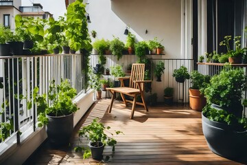 Wall Mural - Beautiful balcony or terrace with wooden floor, chair and green potted flowers plants. Cozy relaxing area at home. Sunny stylish balcony terrace in the city