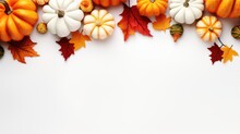 Little Pumpkin And Autumn Maple Leaf On The White Color Background With Copyspace Area. Autumn Background Concept.