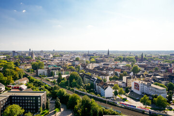 View of the city of Bochum with the surrounding landscape in the Ruhr area.
