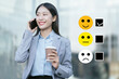 © NINENII - Happy Client customer experience concept. Woman recording phone inquiry with checkboxes, smiling face rating excellent for satisfaction survey.