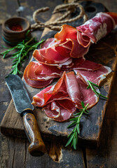 Wall Mural - Hamon sliced into thin slices on a wooden board with a knife and rosemary