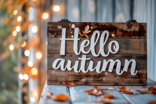 Hello autumn lettering on wooden signboard with bokeh background