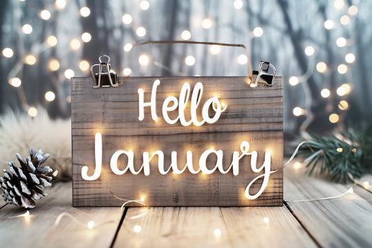 Hello January text on a wooden sign with christmas lights on background
