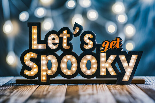 Let's get spooky written in black wooden letters on wooden background with bokeh lights
