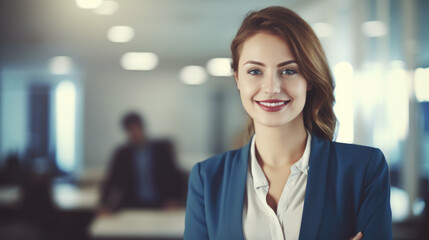 Wall Mural - Portrait of young confidant business woman standing in the office smiling, co-workers and employees in the background
