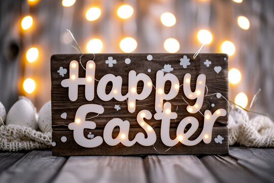 Happy Easter greeting card with bokeh lights on wooden background.