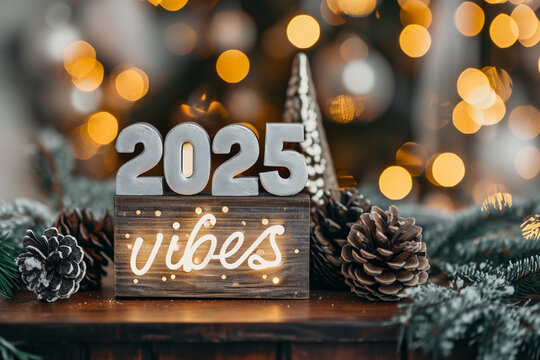 New year 2025 in light box on wooden table with bokeh background