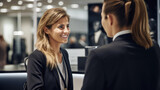 Fototapeta  - Two young business woman, co-workers standing in the office talking and smiling