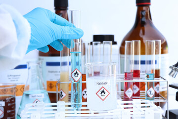 flammable symbols of chemicals in test tubes, chemicals in the laboratory