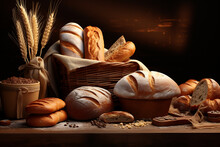 Food Concept. Various Bread Bakery Assorted Background With Copy Space