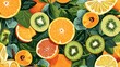  a bunch of oranges, kiwis, and lemons on a green leafy background with leaves.