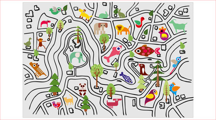  Cartoon Kids Road Fish Animal Stay Map