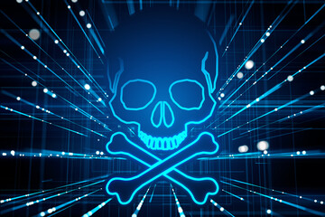 Poster - Neon blue skull and crossbones hologram on a dark abstract digital background. Cybersecurity concept. 3D Rendering