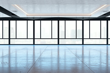 Poster - Modern empty spacious interior with panoramic windows and city view. 3D Rendering.
