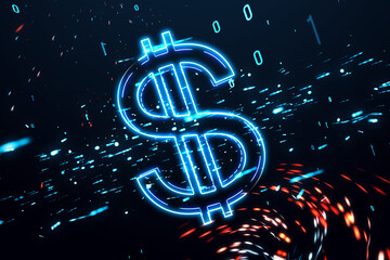 Poster - Dollar symbol with neon effects and binary code. Economy and digital currency concept. 3D Rendering
