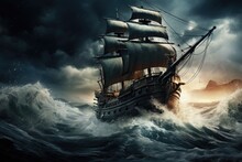 A Ship Struggles To Navigate Through Turbulent Waters During A Fierce Storm, A Pirate Ship Sailing In Rough Seas With A Storm Brewing In The Background, AI Generated