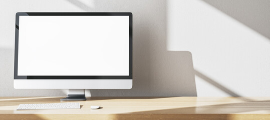 Poster - Modern designer office desktop with empty white mock up computer monitor, supplies and other items. 3D Rendering.