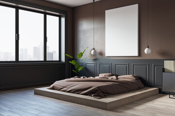 Poster - Modern bedroom interior with empty white mock up frame, window and city view. Hotel designs concept. 3D Rendering.