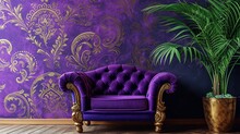 Royal Purple Wall Featuring Vibrant Intricate Golden Paisley Patterns, An Aura Of Majestic Sophistication.