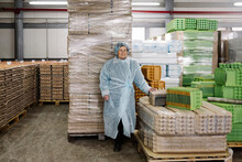 Veterinarian Standing Near Egg Cartons In Factory