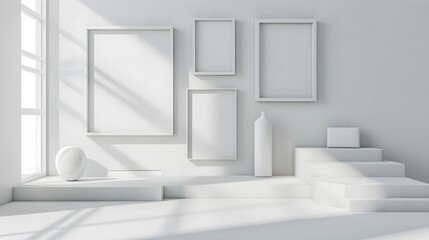 Wall Mural - white room with different size empty frames on the wall, mock up