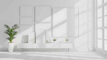 Wall Mural - white room with different size empty frames on the wall, mock up