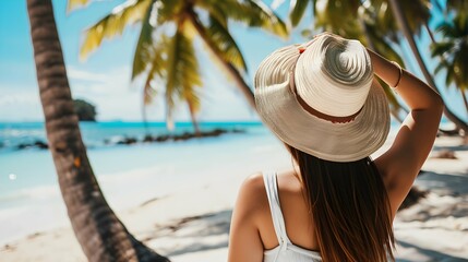 Poster - Summer beach vacation concept, Happy woman with hat relaxing at the seaside and looking away, in the summer against a backdrop of palm trees and sea beach.