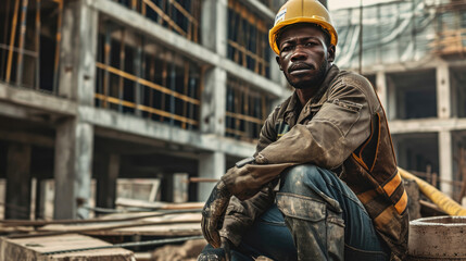 Wall Mural - Portrait of a black construction worker dressed in work uniform and wearing a hard hat. He is posing at his work site, a building under construction