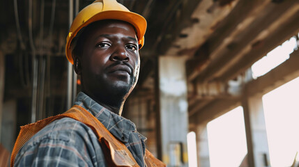 Wall Mural - Portrait of a black construction worker dressed in work uniform and wearing a hard hat. He is posing at his work site, a building under construction