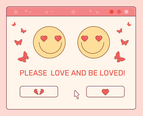 Poster - Retro computer window screen, open dialogue window with faces in love, Y2K Valentine's Day greeting card, retro technology. Vector illustration.