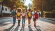 Group of young children walking together in friendship, embodying the back-to-school concept on their first day of school