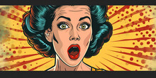 Pop Art Illustration Of Surprised Young Sexy Woman With Open Mouth. Advertising Vintage Poster Or Party Invitation With Club Girl With Wow Face In Comic Style., Generative Ai