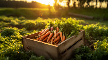 Wall Mural - Carrot. Fresh carrots with greens in a black plastic box from the garden on the lush green grass. The harvest in the fall