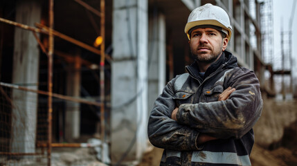 Wall Mural - Portrait of a construction worker dressed in work uniform and wearing a hard hat. He is posing at his work site, a building under construction