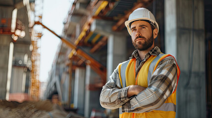 Wall Mural - Portrait of a construction worker dressed in work uniform and wearing a hard hat. He is posing at his work site, a building under construction