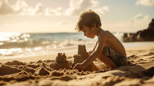 Little Boy Play With Sand On Summer Beach