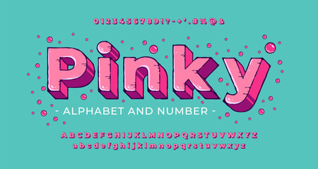 Fototapete - Bright pink cartoon 3D font with ink outline and drips. Playful retro bold alphabet with numbers, letters and symbols. Vector illustration