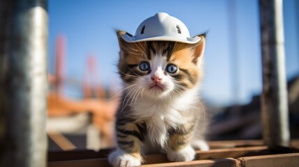 Wall Mural - A kitten wearing a hard hat on a construction site. Generative AI.