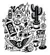 Doodle pattern design. Cactus, sunglasses, mobile phone, ball, yo, pill, dog. Print vector background illustration.