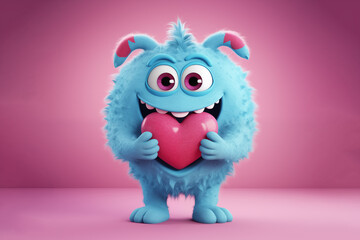 Cute blue monster holding a pink heart, fun love and Valentine's day or birthday greeting card