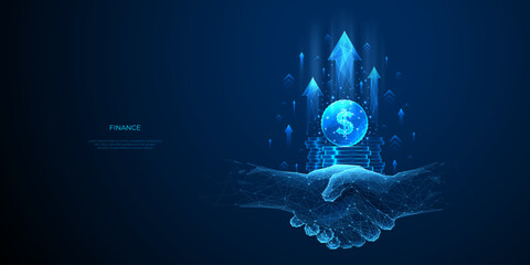 Aufkleber - Increase Revenue and Successful Partnership Concepts. Handshake and Coin Stack with Growth Arrow Up on Technology Blue Background in Polygonal Digital Style. Low Poly Wireframe Vector Illustration.