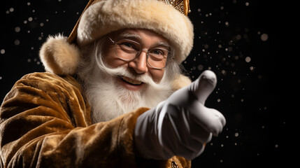 Funny happy excited old bearded Santa Claus face wearing costume looking at camera showing pointing fingers aside advertising