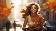 Happy young woman ride by bicycle