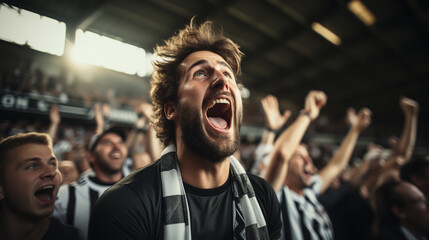 Wall Mural - Crowd of sports fans cheering during a match in stadium. Excited people standing with their arms raised, clapping, and yelling to encourage their team to win.