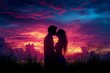 Romantic silhouette of a couple embracing and kissing against a vibrant, colorful sunset backdrop, evoking love, passion, and togetherness