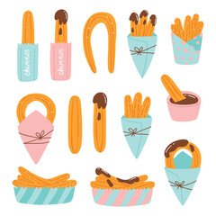 Set of churros in paper bags. Collection of Mexican churros. Vector illustration in flat hand drawn style.