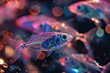 Colorful neon tetra fish swimming in a vibrant aquarium with bokeh light effects.