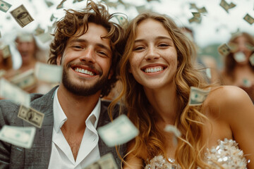 Beautiful caucasian young couple, woman and man and falling money, winners of lottery or casino